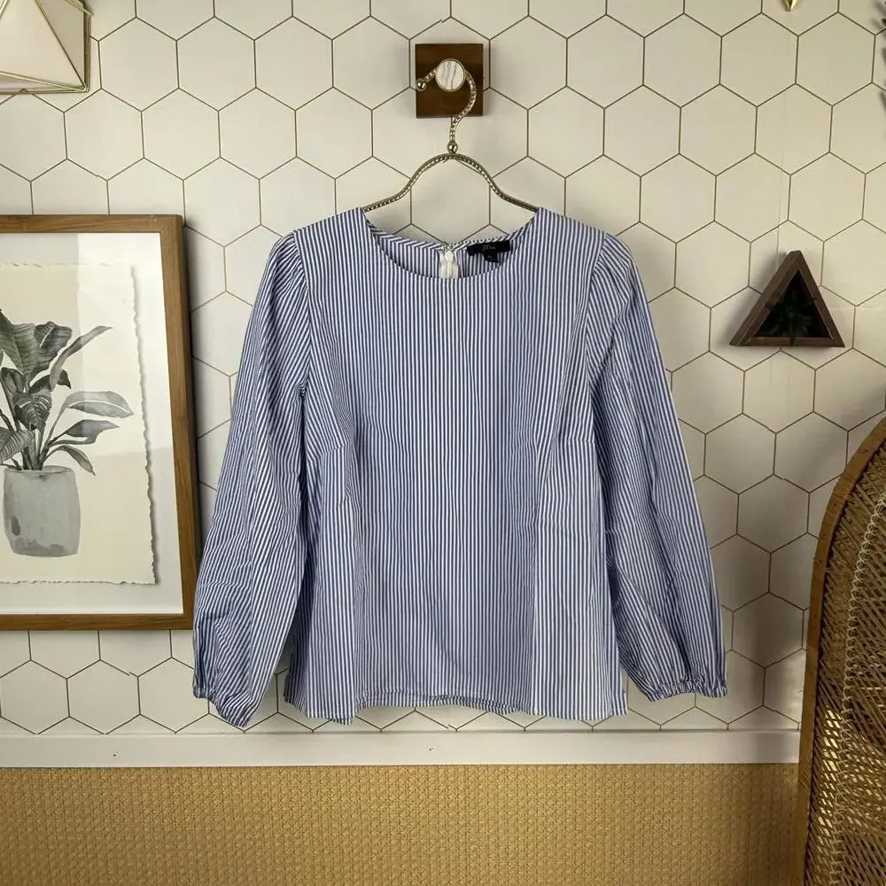 J. Crew Blue and White Puffed Sleeve Poplin Blue Striped Blouse - Size - 10